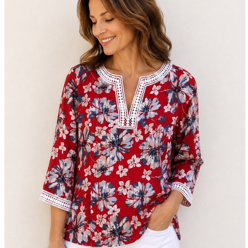 Alfred Dunner Red‎ Floral Cotton Dobby Blouse Womens 14 Crochet Trim 3/4 Sleeve